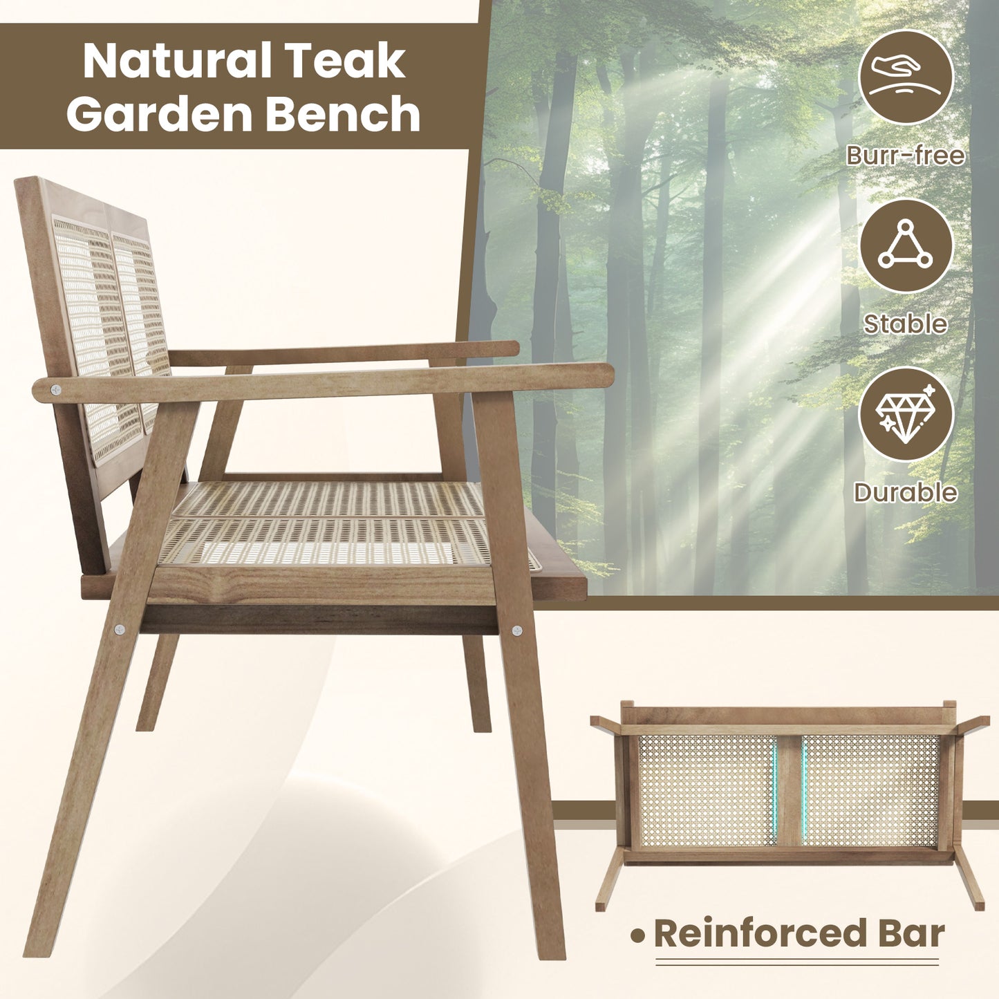 Teak Wood Garden Bench with Rattan Backrest and Armrests