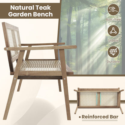 Teak Wood Garden Bench with Rattan Backrest and Armrests