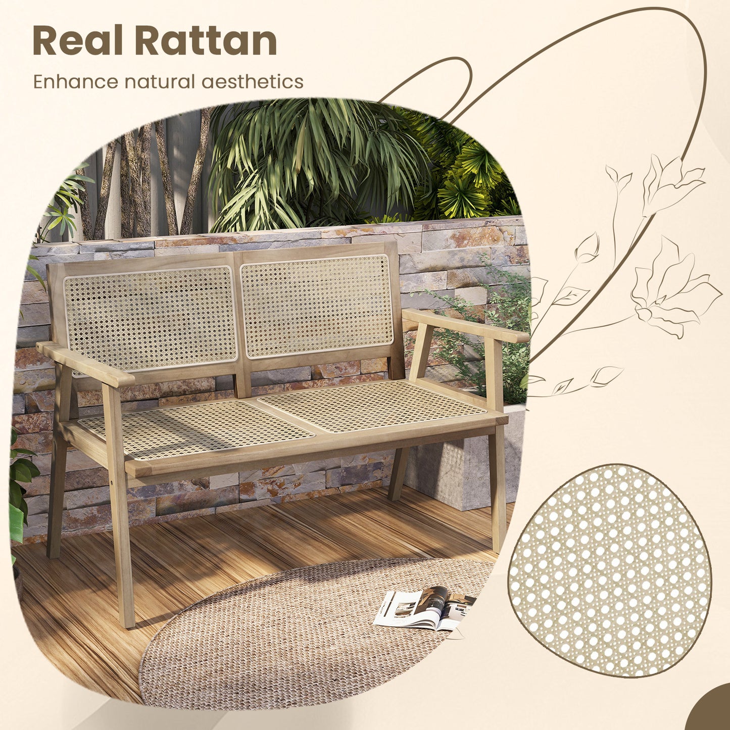 Teak Wood Garden Bench with Rattan Backrest and Armrests