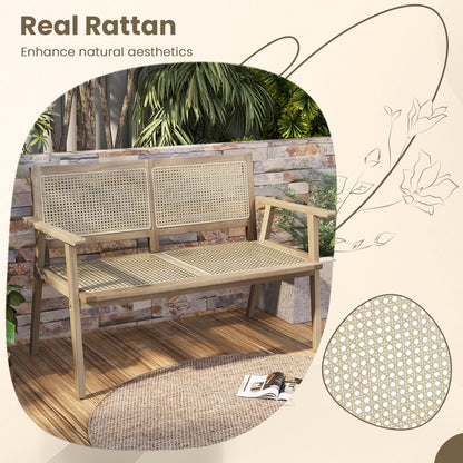 Teak Wood Garden Bench with Rattan Backrest and Armrests