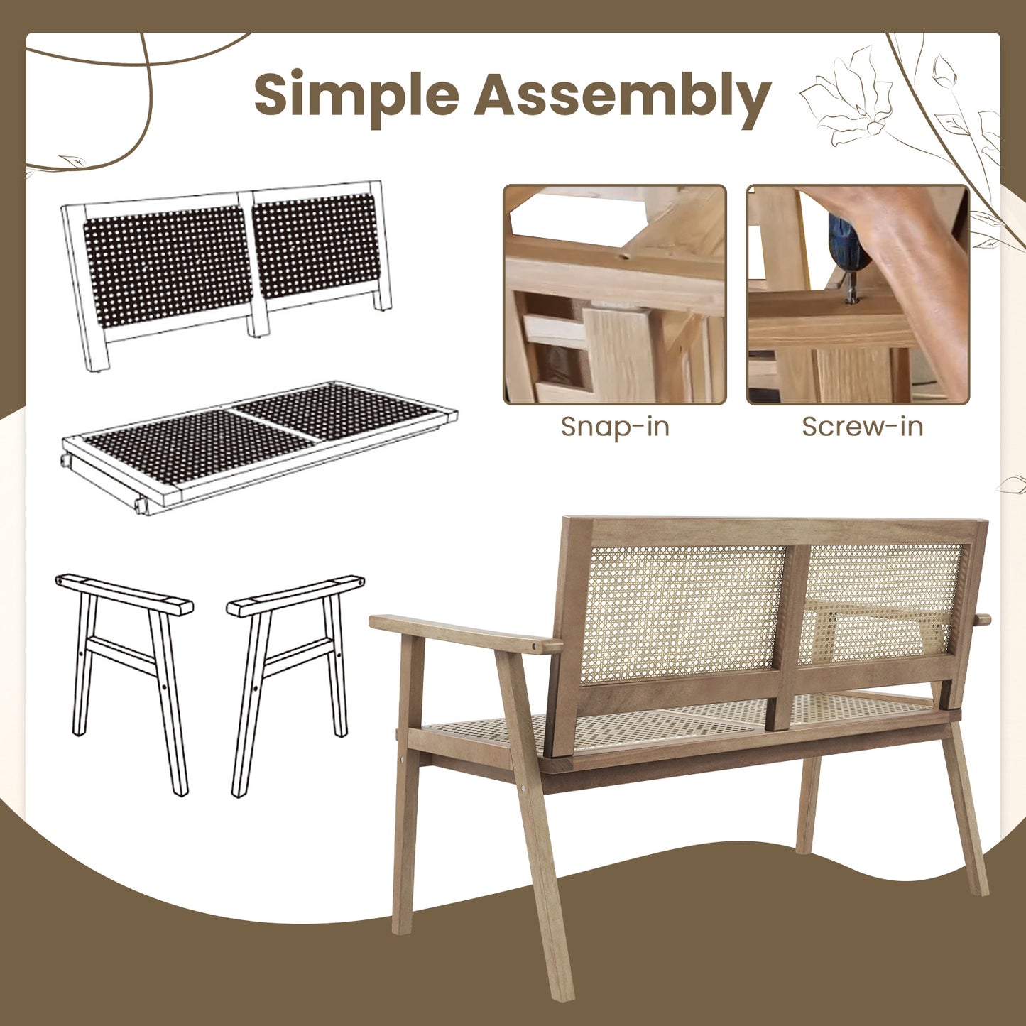 Teak Wood Garden Bench with Rattan Backrest and Armrests