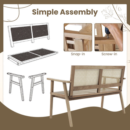 Teak Wood Garden Bench with Rattan Backrest and Armrests
