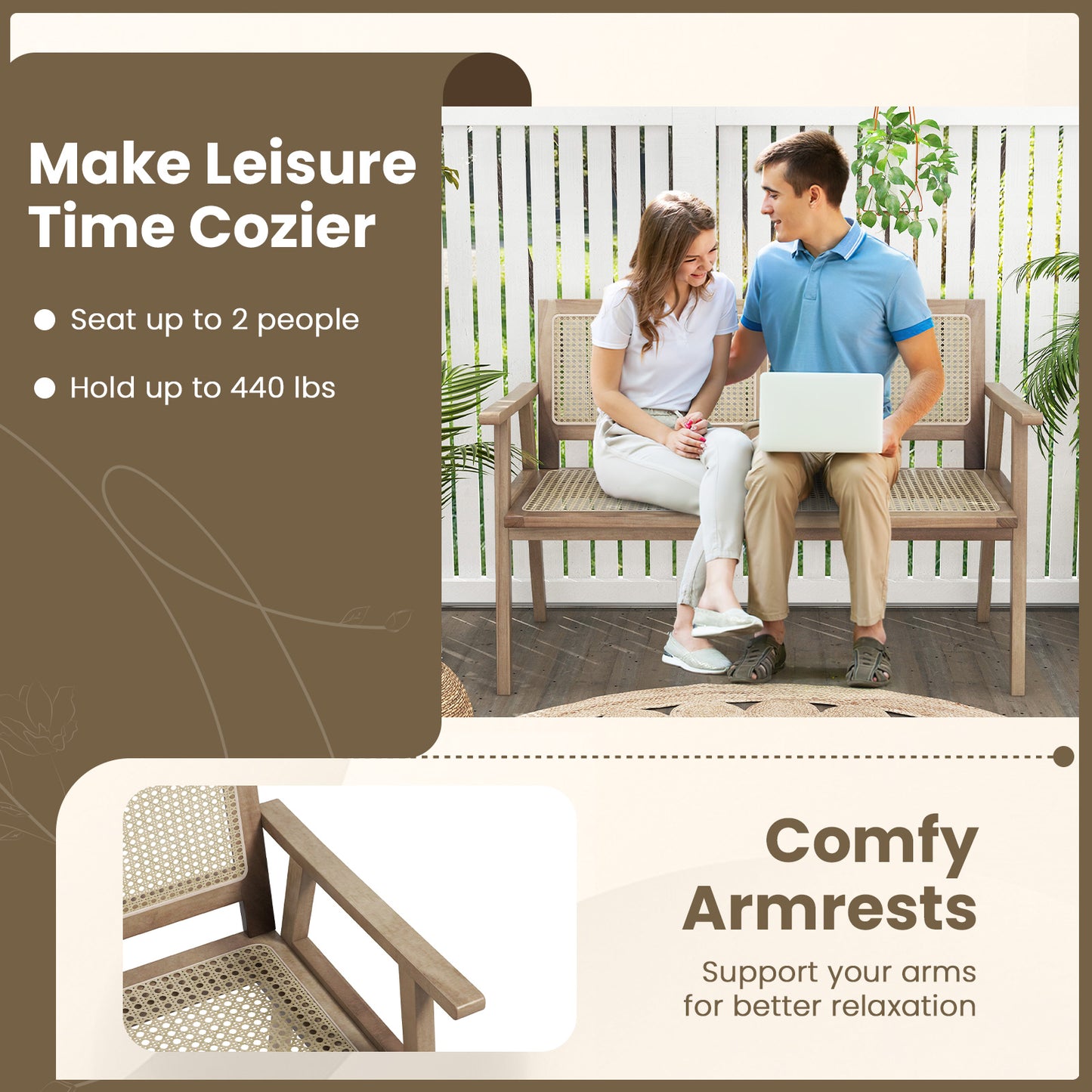 Teak Wood Garden Bench with Rattan Backrest and Armrests