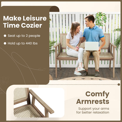 Teak Wood Garden Bench with Rattan Backrest and Armrests