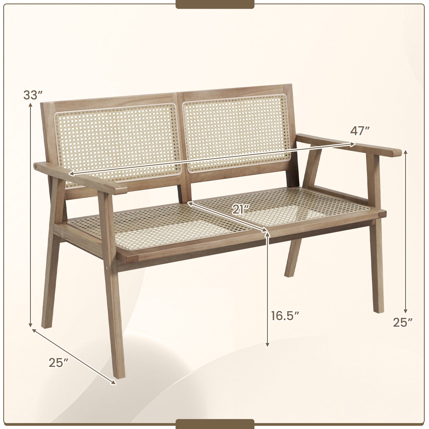 Teak Wood Garden Bench with Rattan Backrest and Armrests