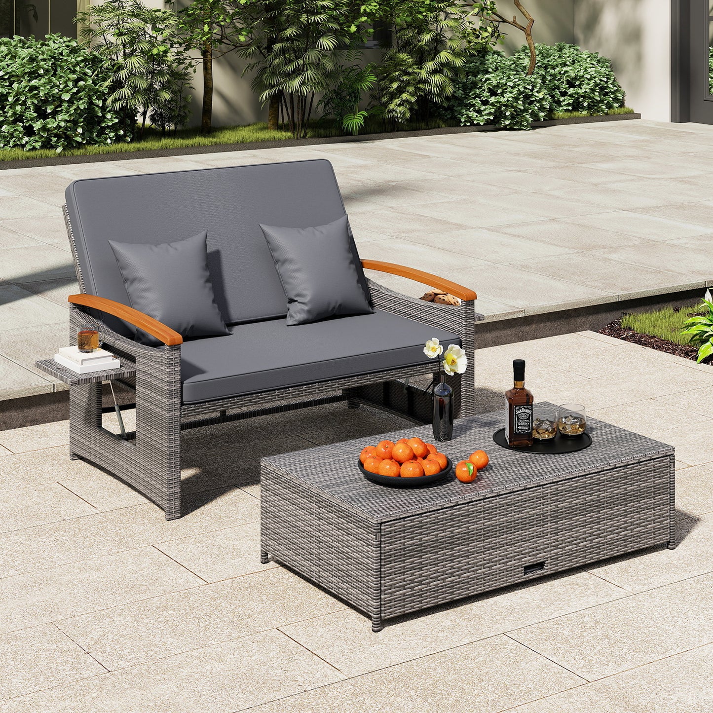 Outdoor Wicker Daybed with Adjustable Backrest and Ottoman