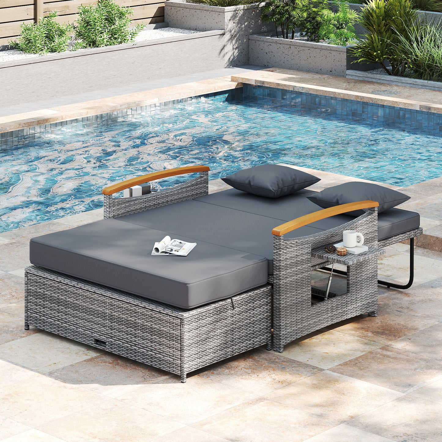 Outdoor Wicker Daybed with Adjustable Backrest and Ottoman