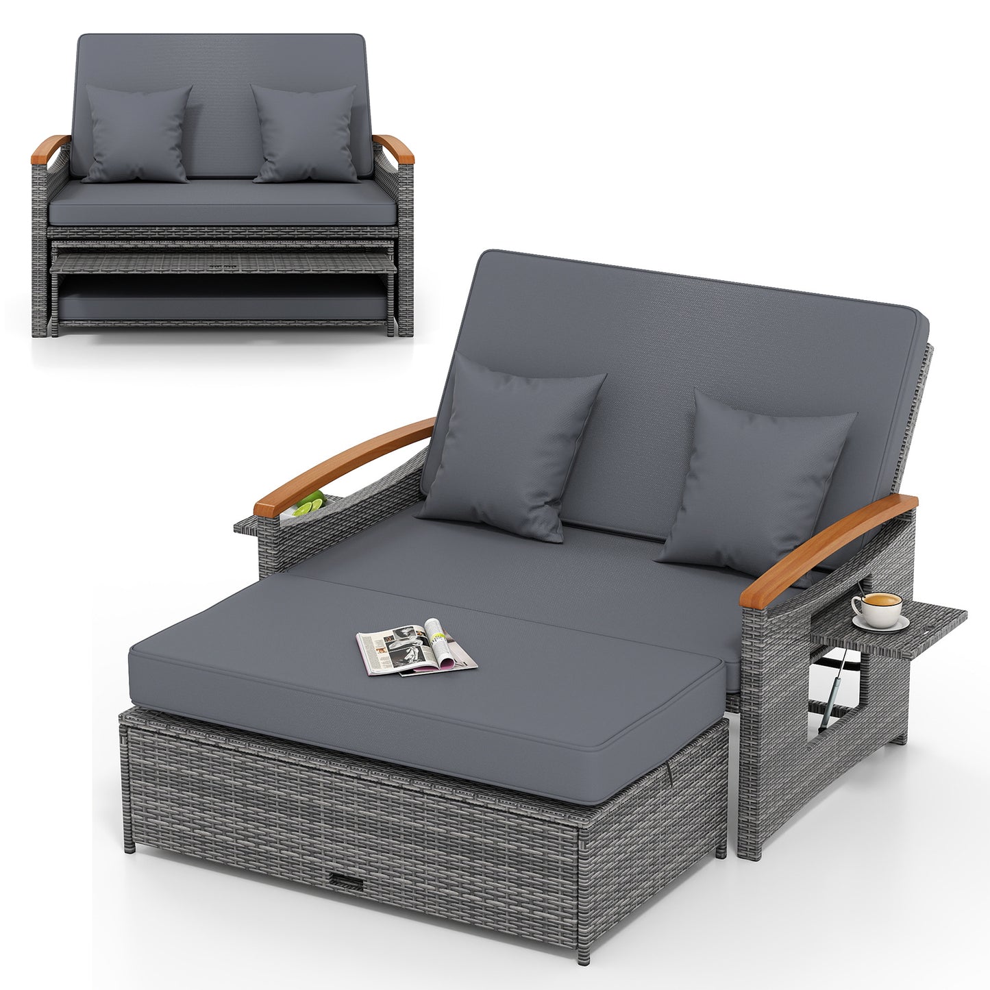 Outdoor Wicker Daybed with Adjustable Backrest and Ottoman