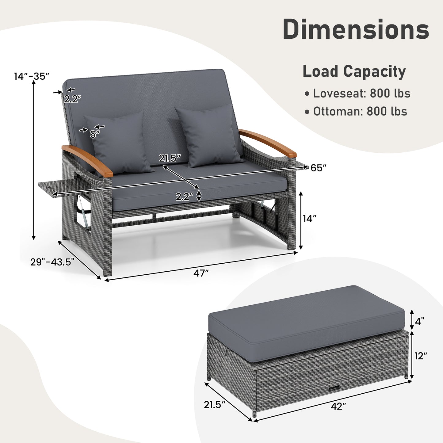 Outdoor Wicker Daybed with Adjustable Backrest and Ottoman