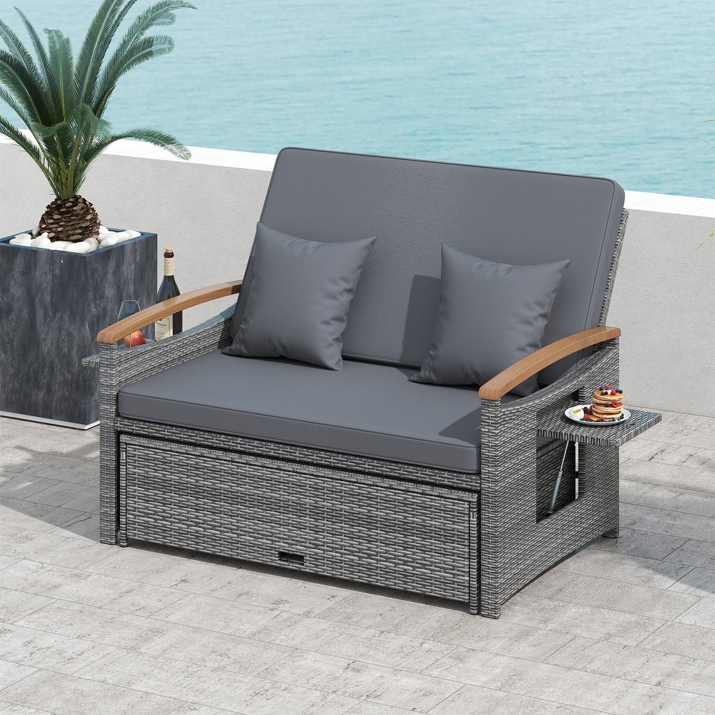 Outdoor Wicker Daybed with Adjustable Backrest and Ottoman