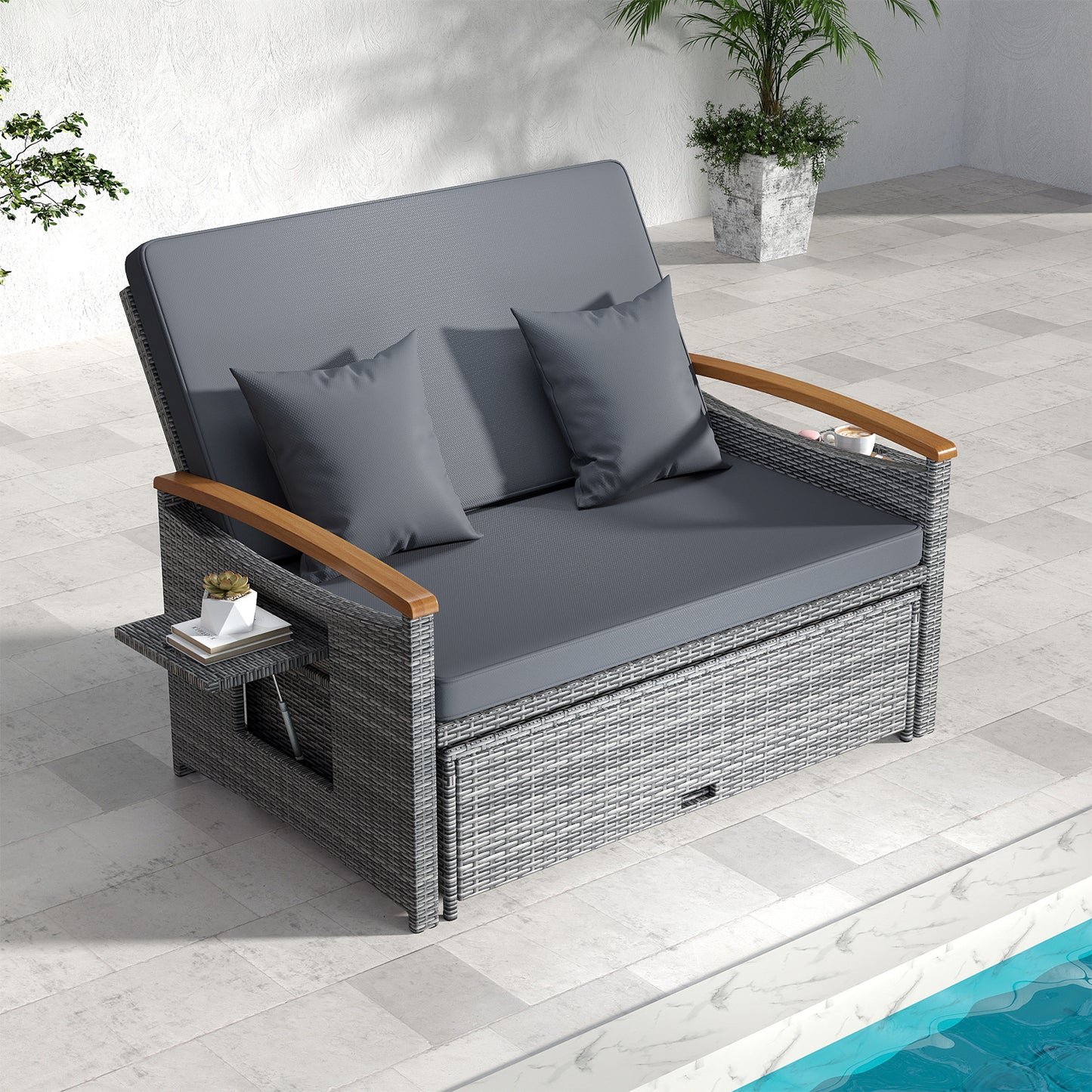 Outdoor Wicker Daybed with Adjustable Backrest and Ottoman