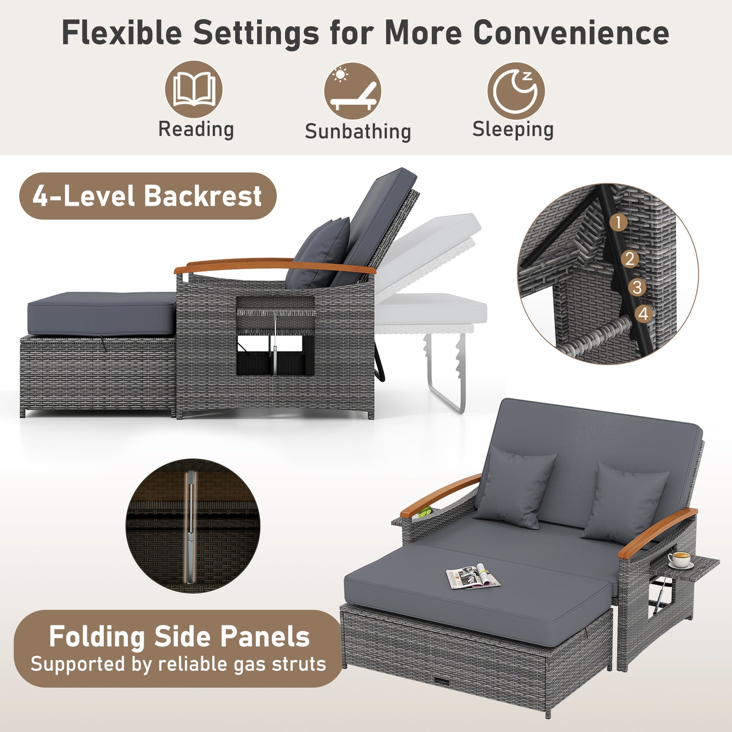 Outdoor Wicker Daybed with Adjustable Backrest and Ottoman