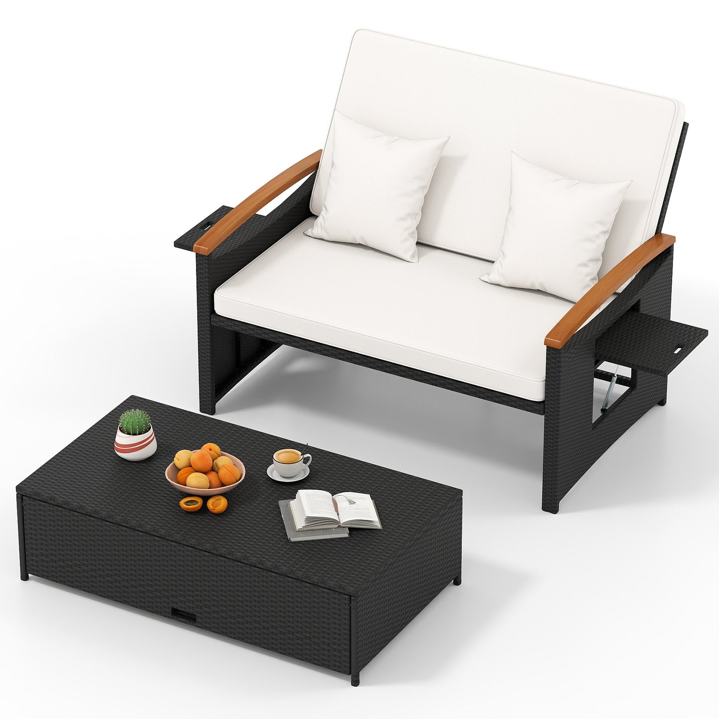 Outdoor Wicker Daybed with Adjustable Backrest and Ottoman