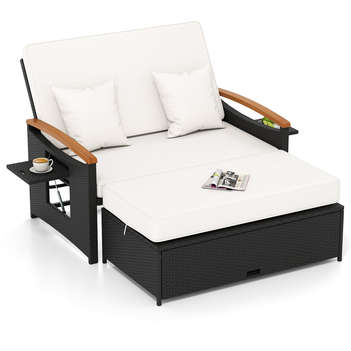 Outdoor Wicker Daybed with Adjustable Backrest and Ottoman