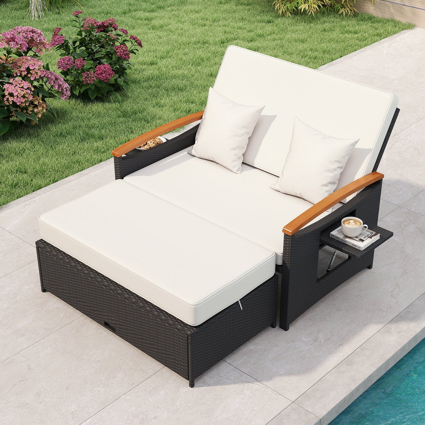 Outdoor Wicker Daybed with Adjustable Backrest and Ottoman