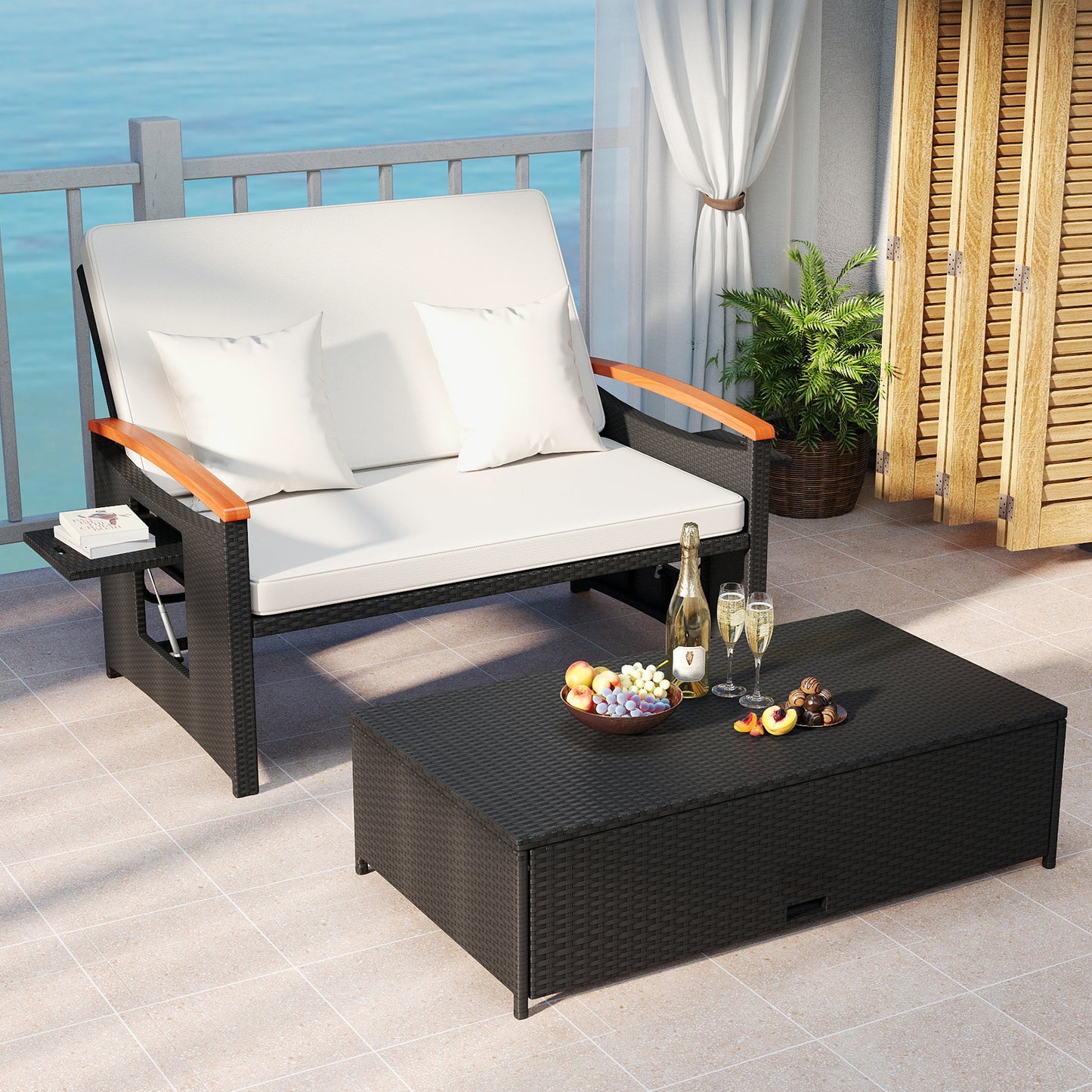 Outdoor Wicker Daybed with Adjustable Backrest and Ottoman