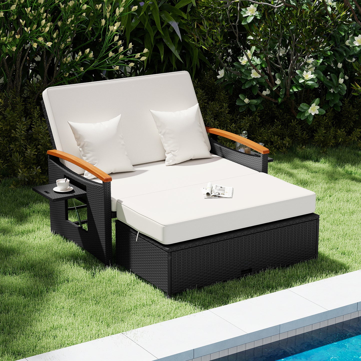 Outdoor Wicker Daybed with Adjustable Backrest and Ottoman