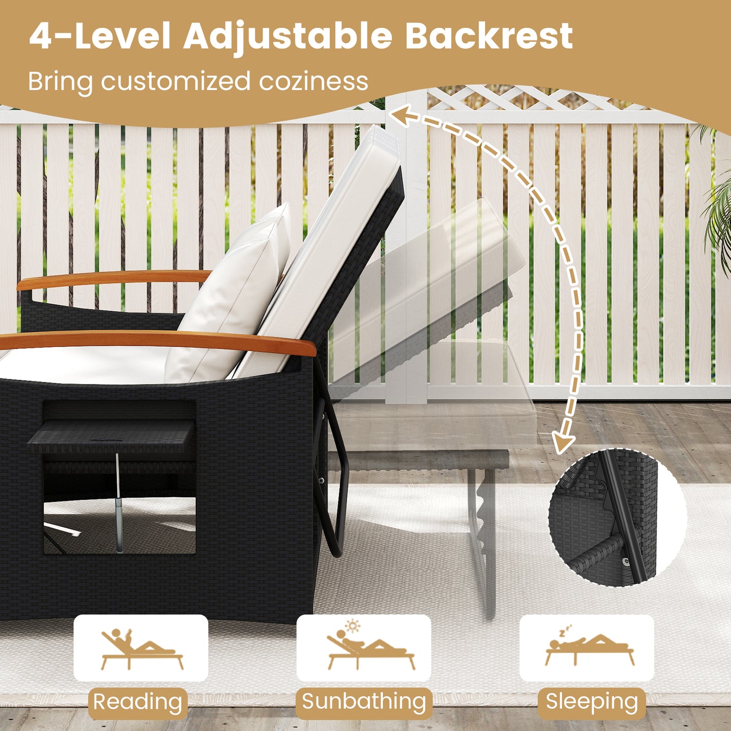 Outdoor Wicker Daybed with Adjustable Backrest and Ottoman