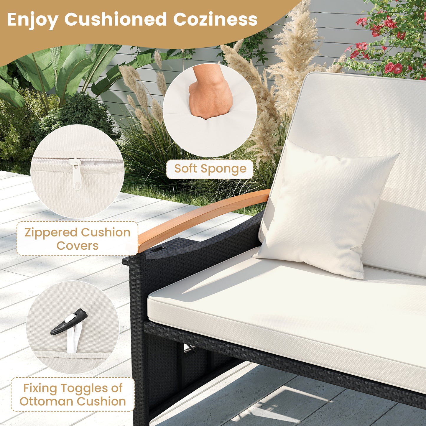 Outdoor Wicker Daybed with Adjustable Backrest and Ottoman