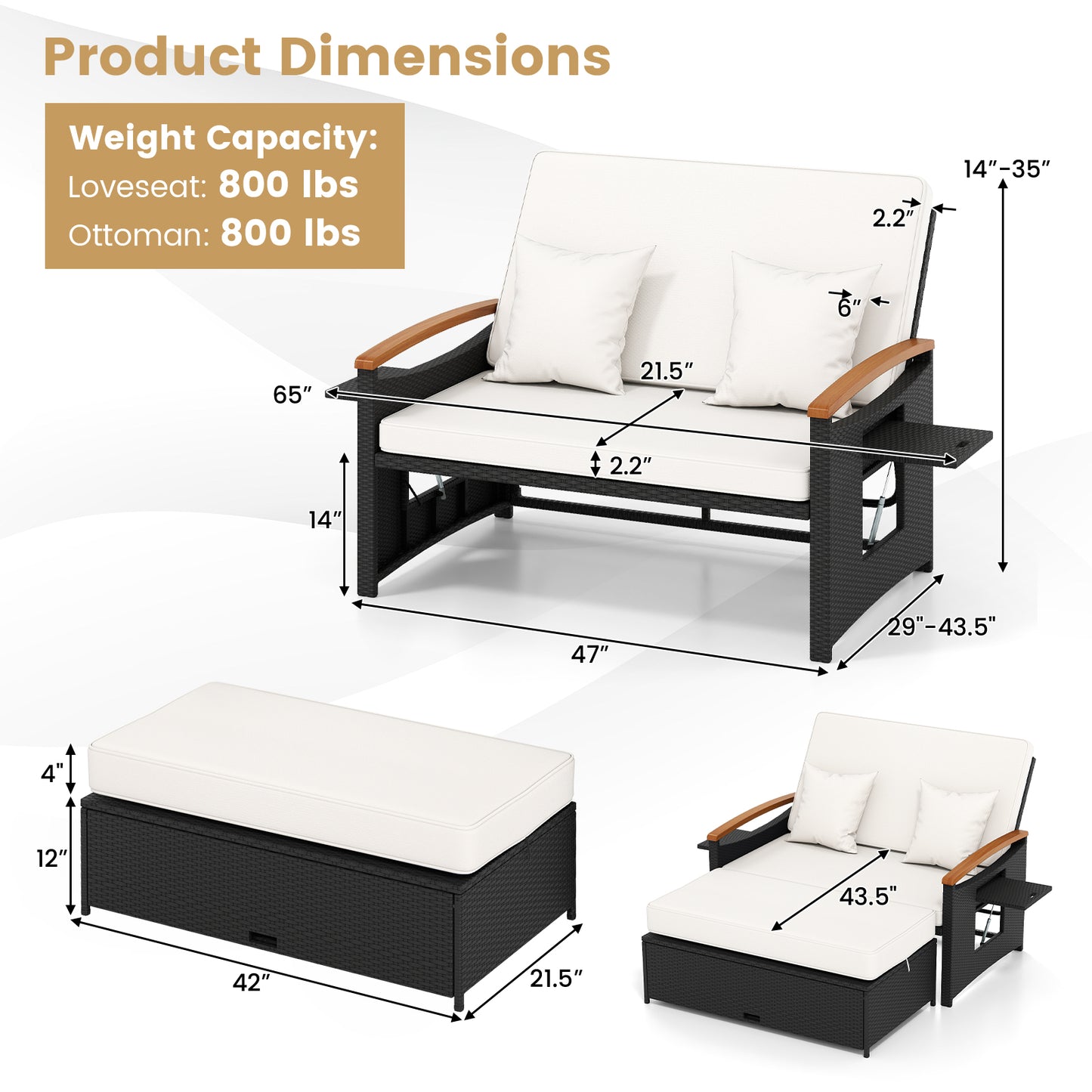 Outdoor Wicker Daybed with Adjustable Backrest and Ottoman
