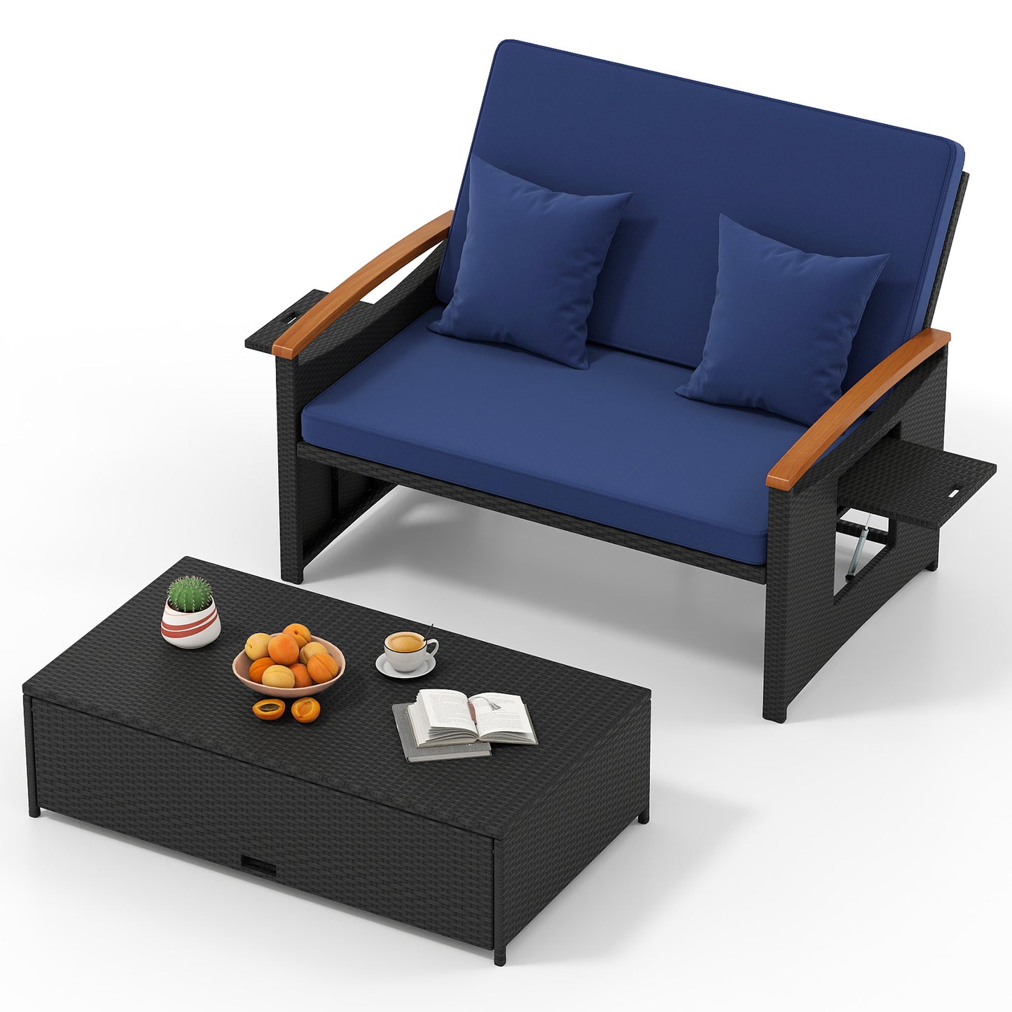 Outdoor Wicker Daybed with Adjustable Backrest and Ottoman