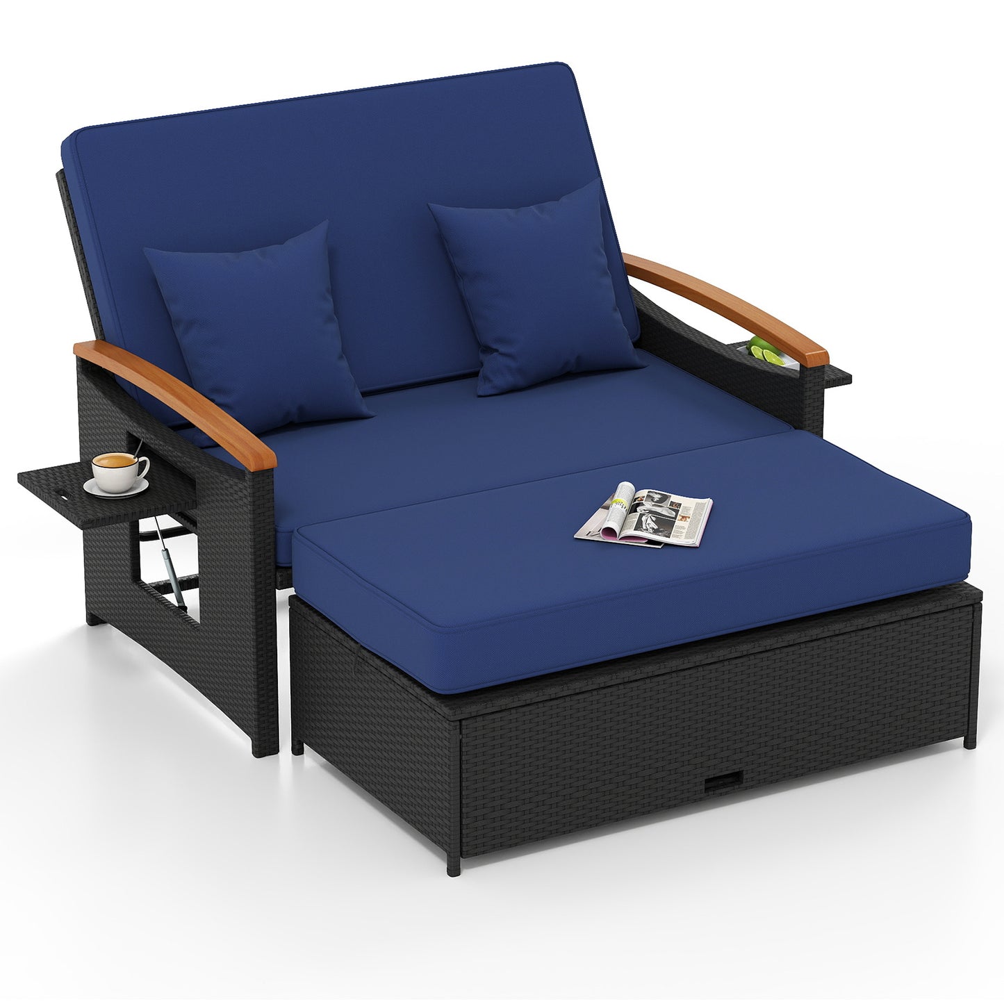 Outdoor Wicker Daybed with Adjustable Backrest and Ottoman