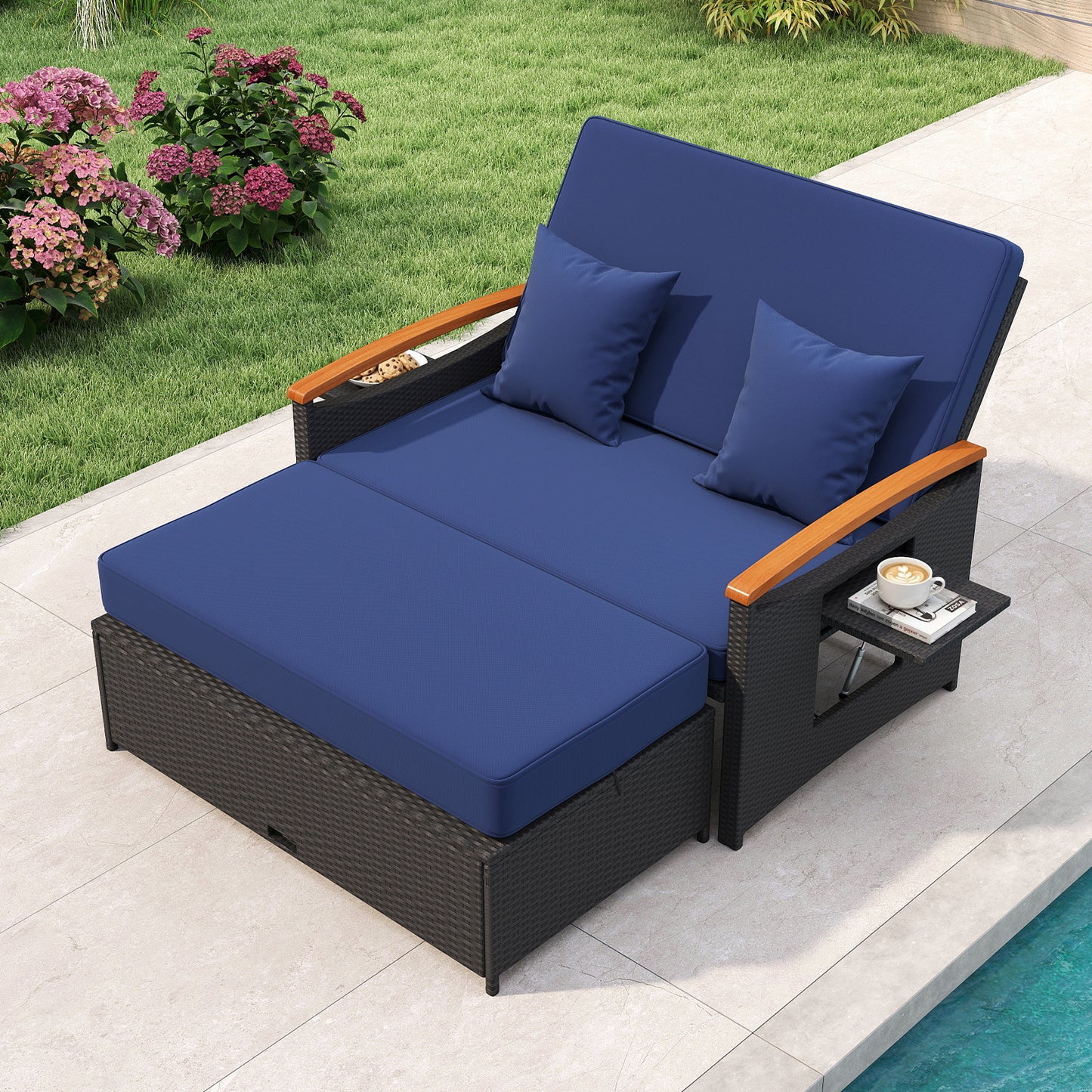 Outdoor Wicker Daybed with Adjustable Backrest and Ottoman