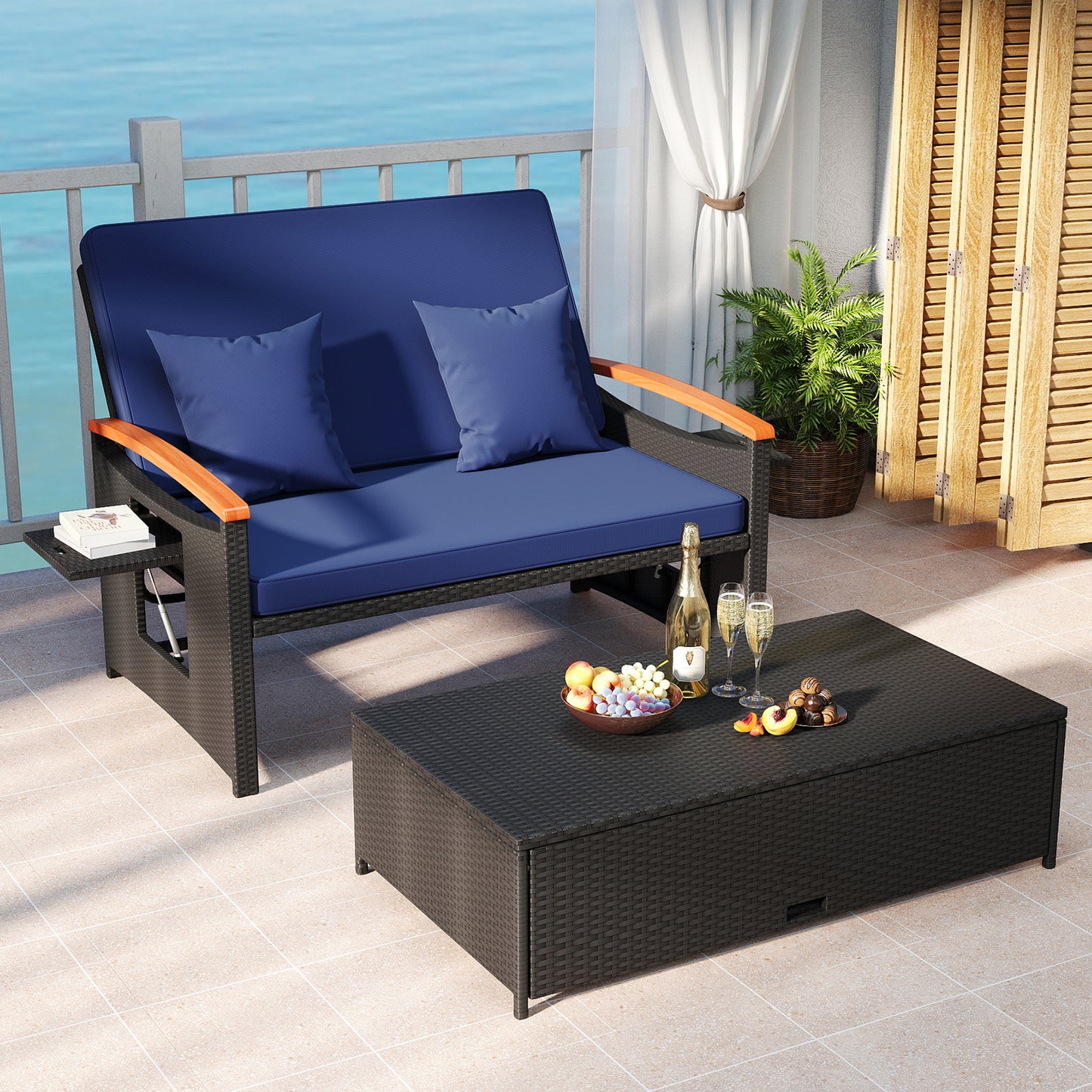 Outdoor Wicker Daybed with Adjustable Backrest and Ottoman