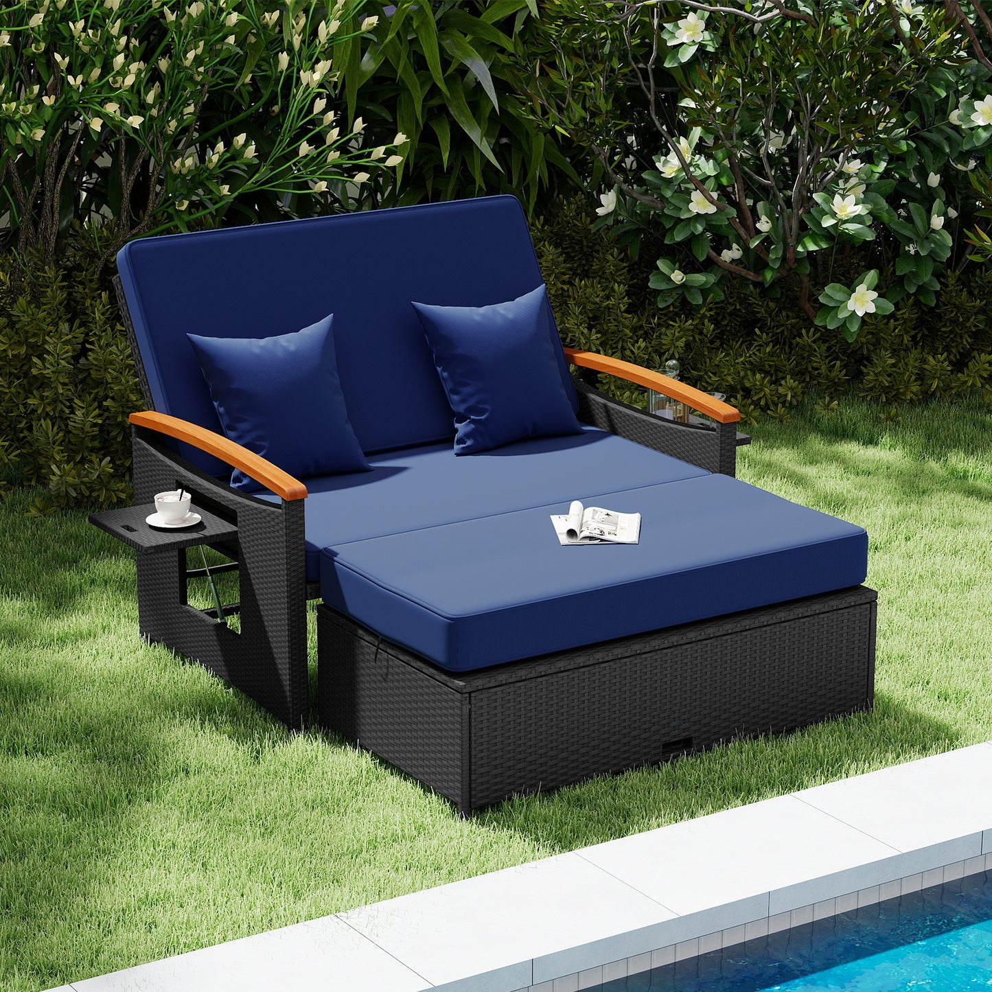 Outdoor Wicker Daybed with Adjustable Backrest and Ottoman