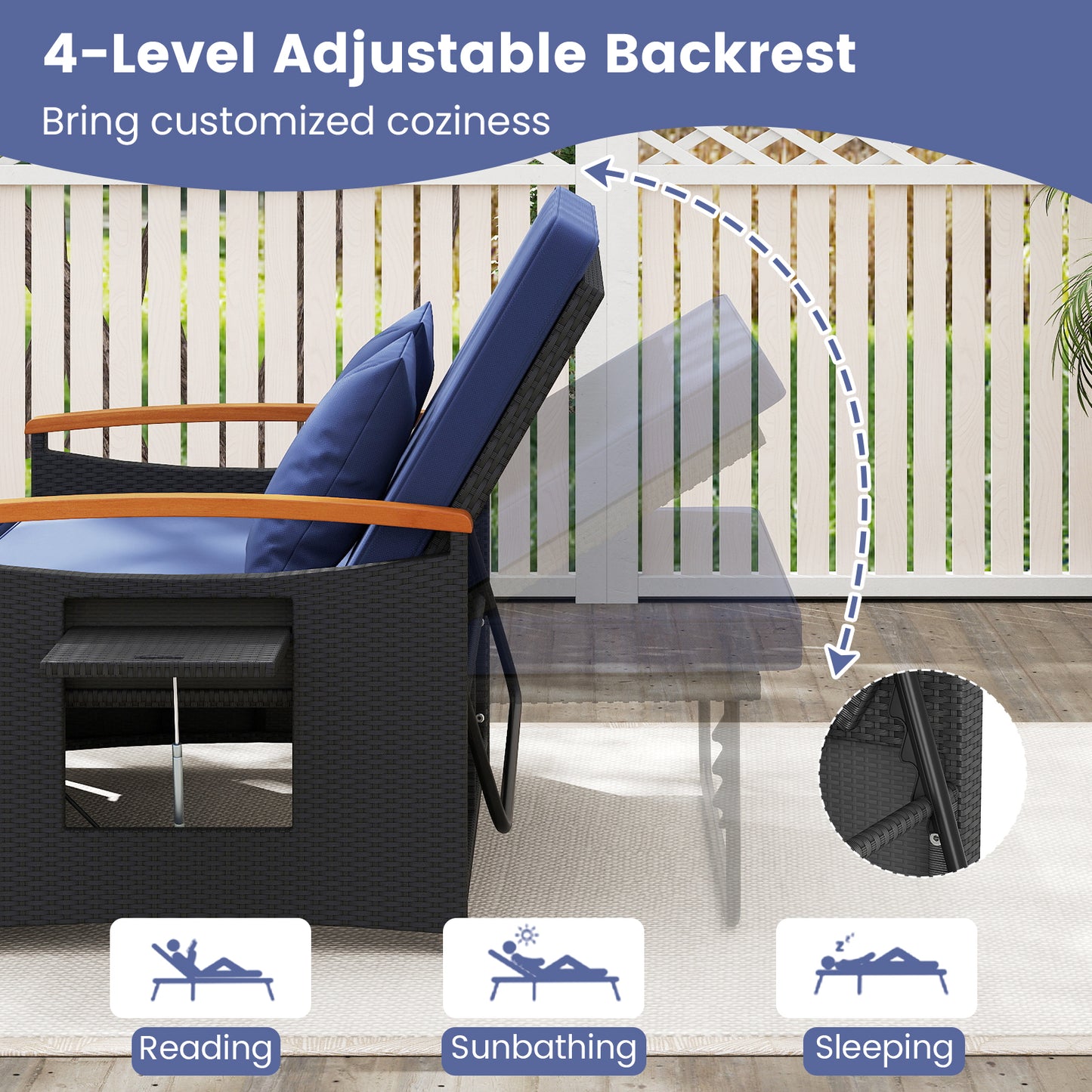 Outdoor Wicker Daybed with Adjustable Backrest and Ottoman
