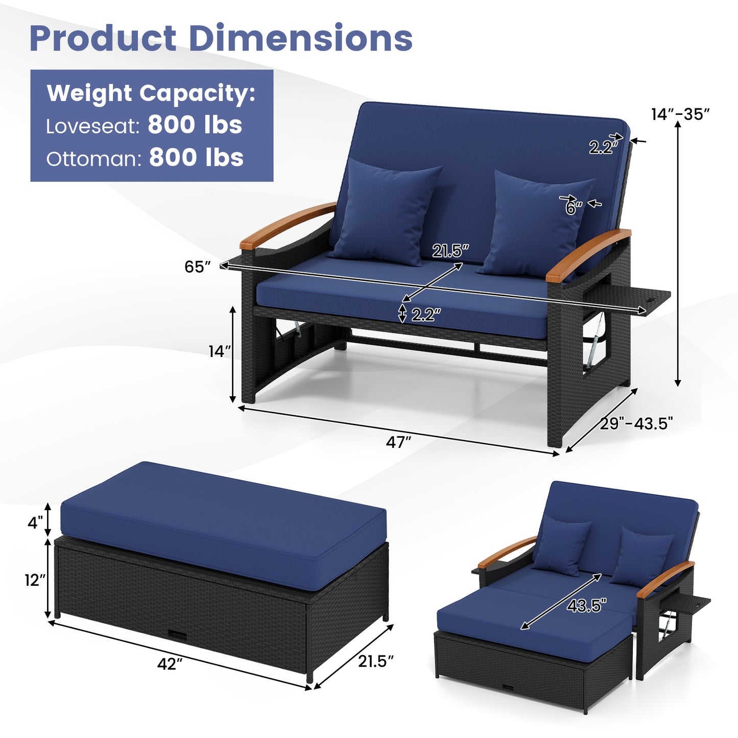 Outdoor Wicker Daybed with Adjustable Backrest and Ottoman