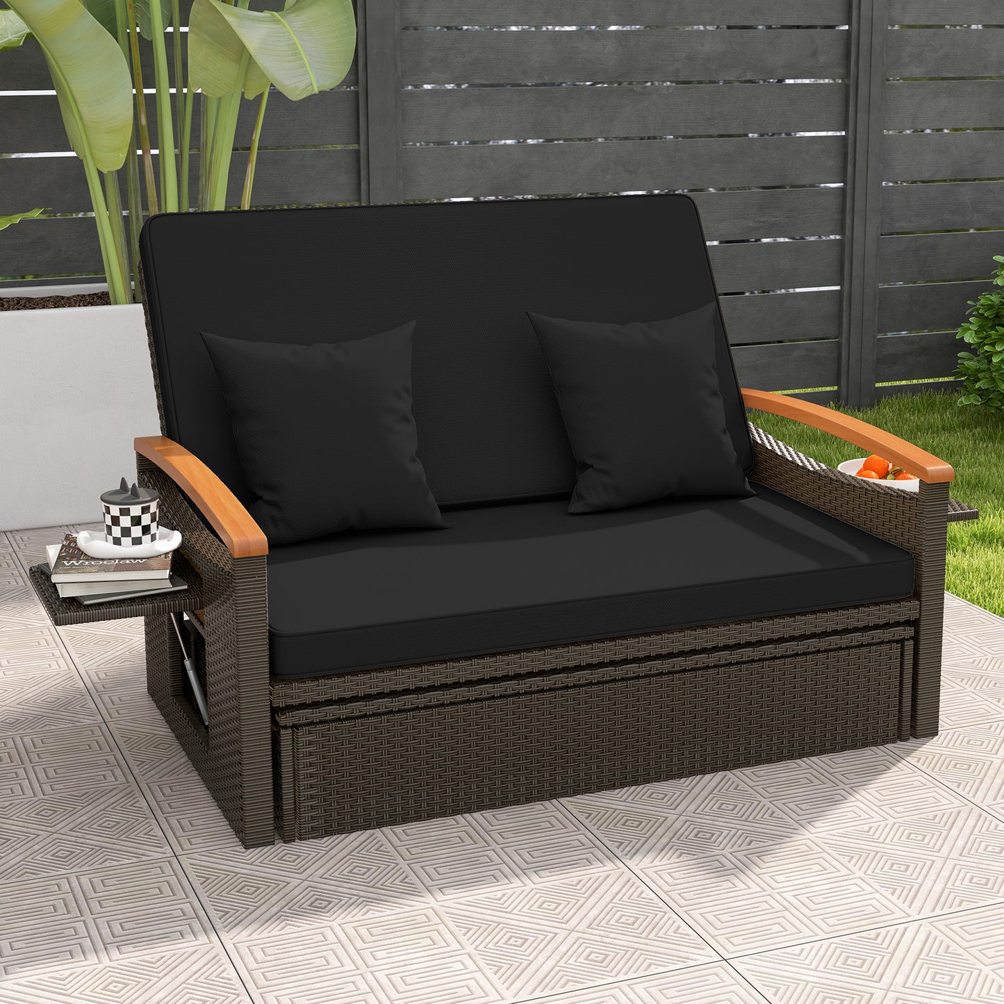 Outdoor Wicker Daybed with Adjustable Backrest and Ottoman