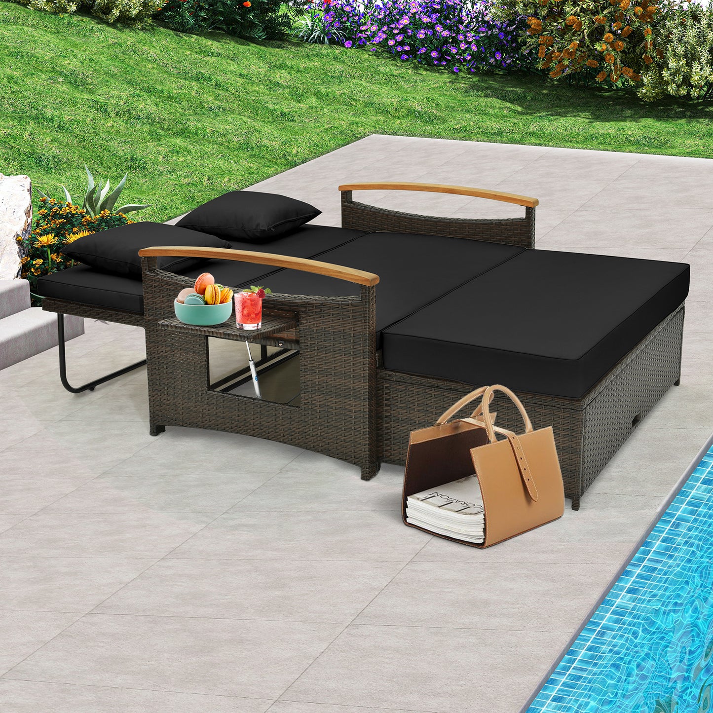 Outdoor Wicker Daybed with Adjustable Backrest and Ottoman