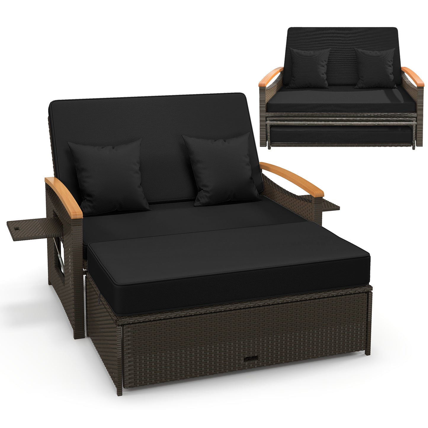 Outdoor Wicker Daybed with Adjustable Backrest and Ottoman