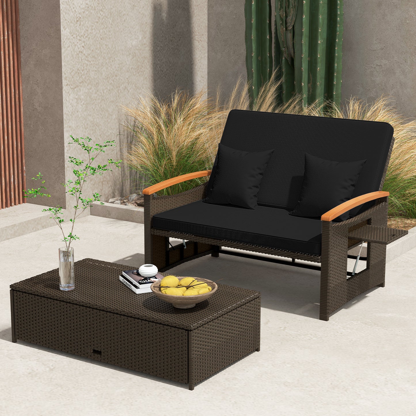 Outdoor Wicker Daybed with Adjustable Backrest and Ottoman