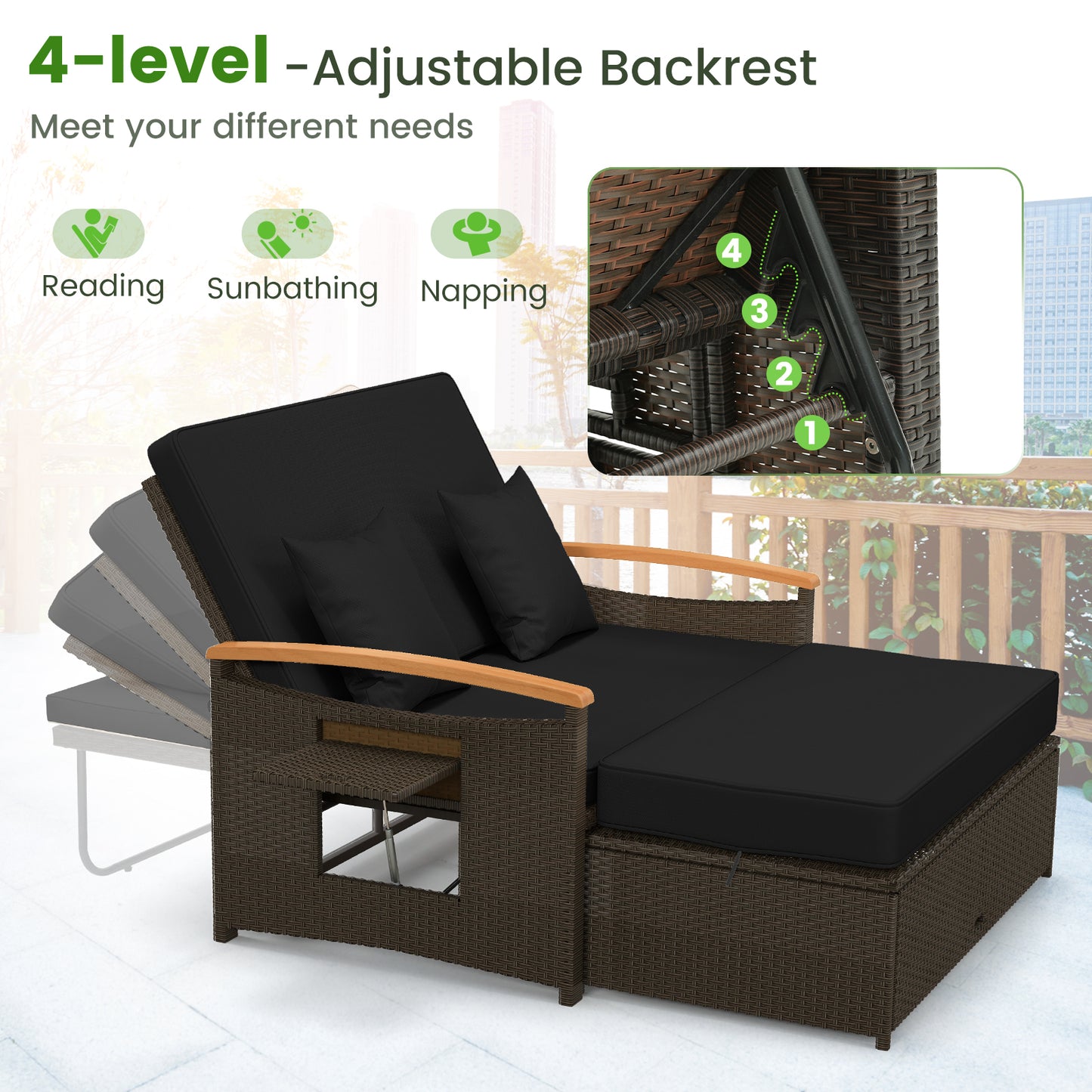 Outdoor Wicker Daybed with Adjustable Backrest and Ottoman