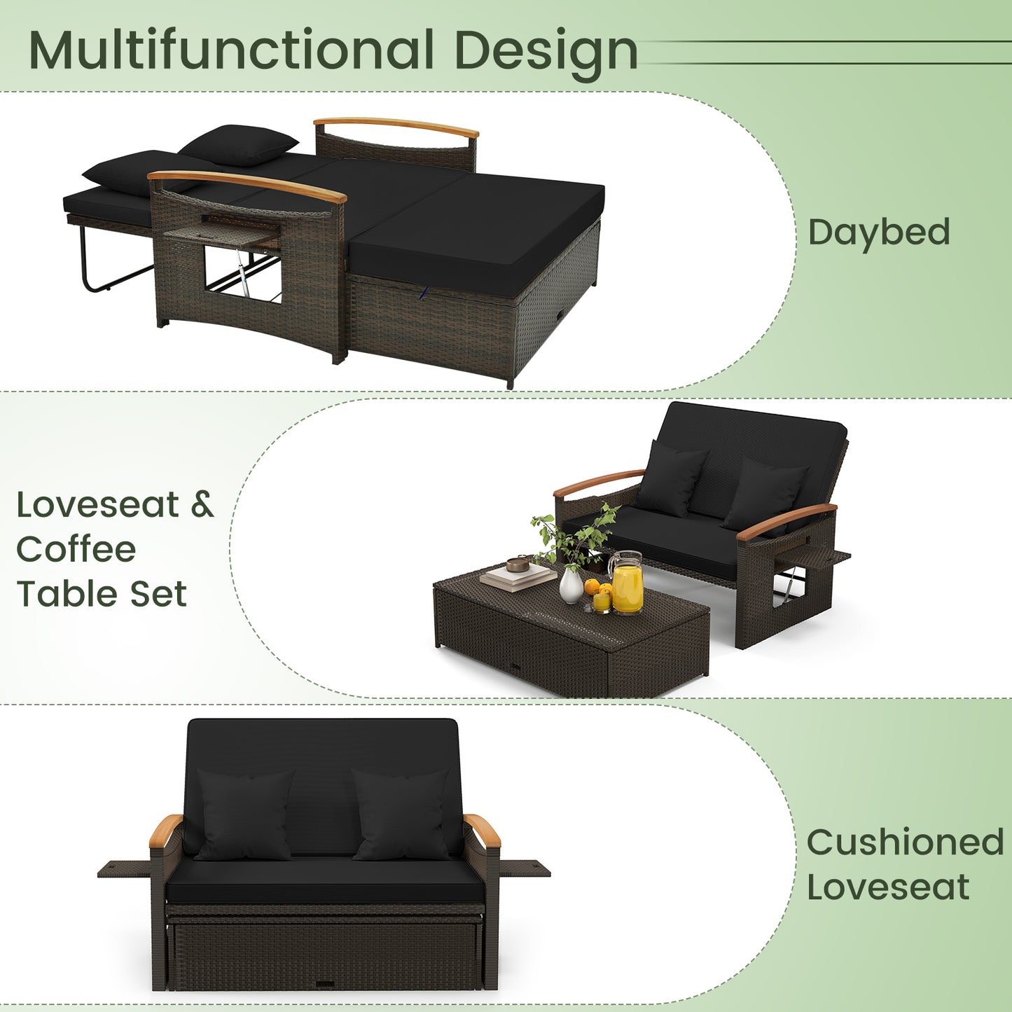 Outdoor Wicker Daybed with Adjustable Backrest and Ottoman
