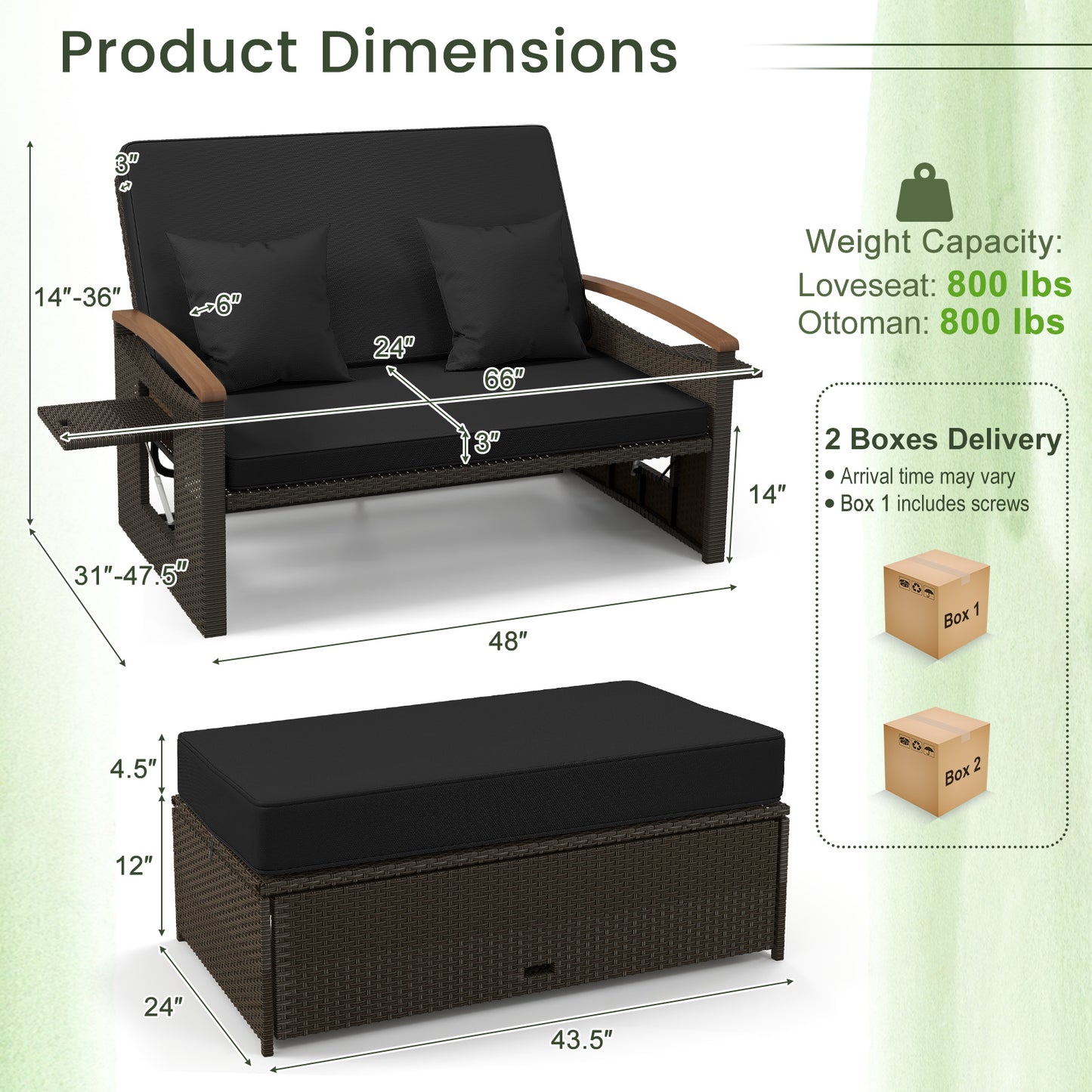 Outdoor Wicker Daybed with Adjustable Backrest and Ottoman