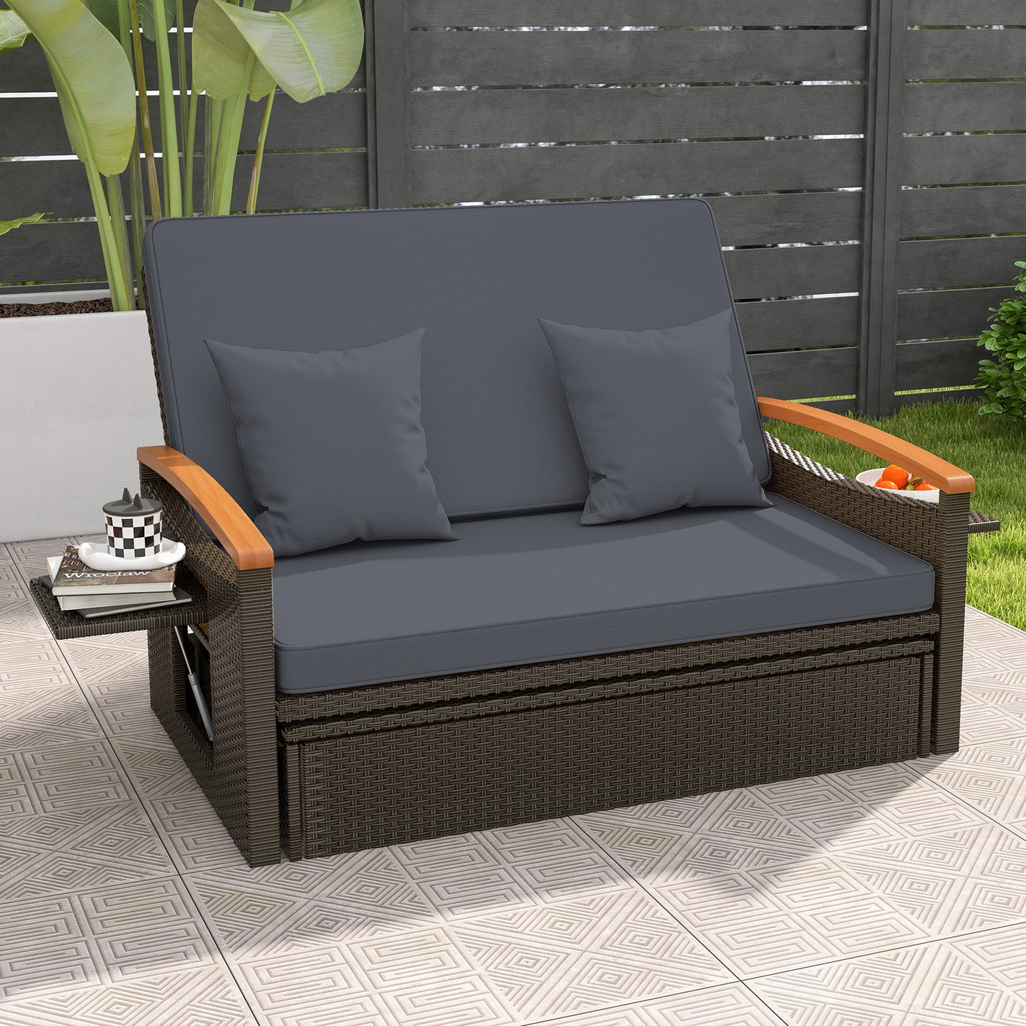 Outdoor Wicker Daybed with Adjustable Backrest and Ottoman