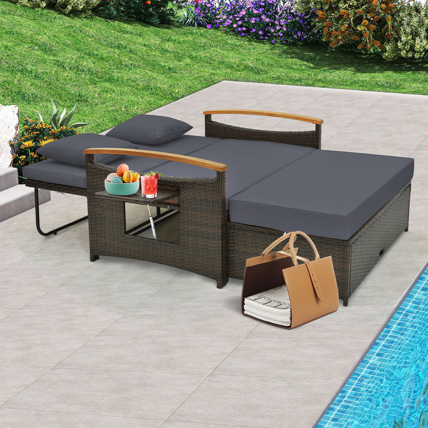 Outdoor Wicker Daybed with Adjustable Backrest and Ottoman