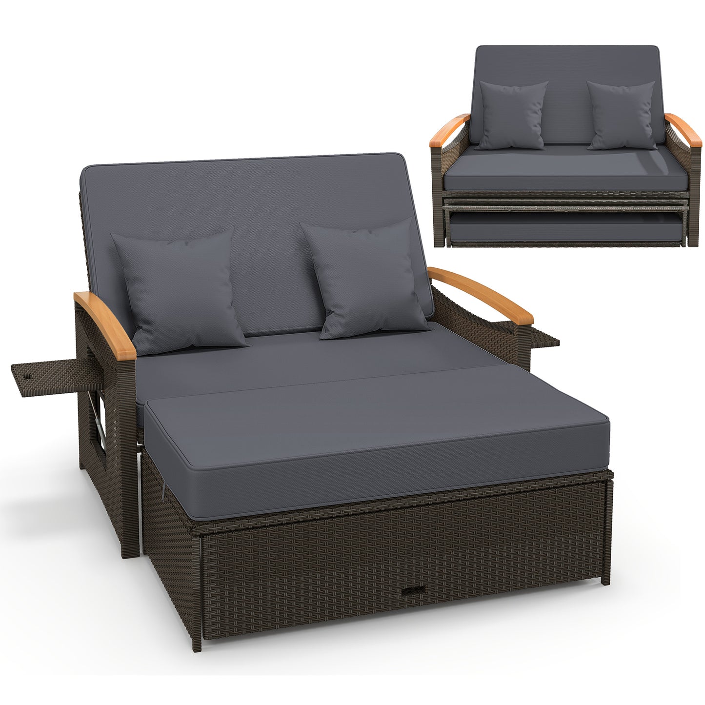 Outdoor Wicker Daybed with Adjustable Backrest and Ottoman