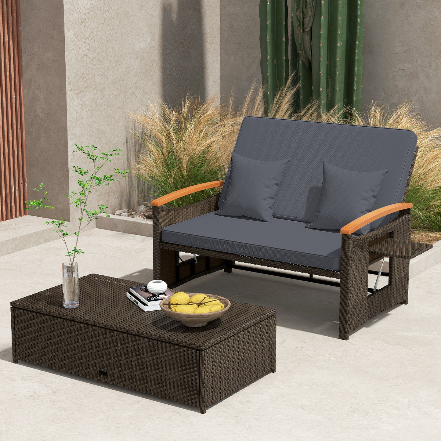 Outdoor Wicker Daybed with Adjustable Backrest and Ottoman