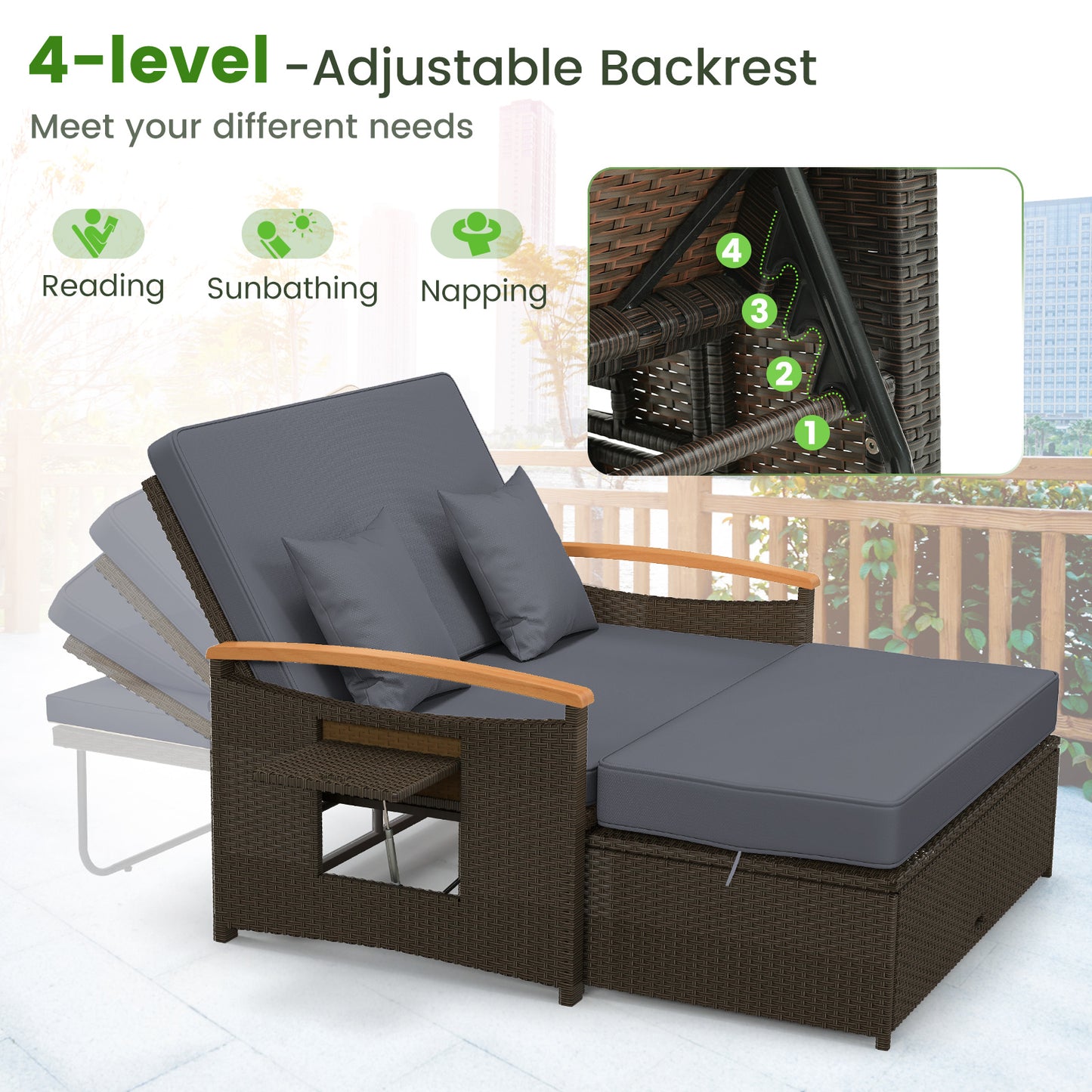 Outdoor Wicker Daybed with Adjustable Backrest and Ottoman