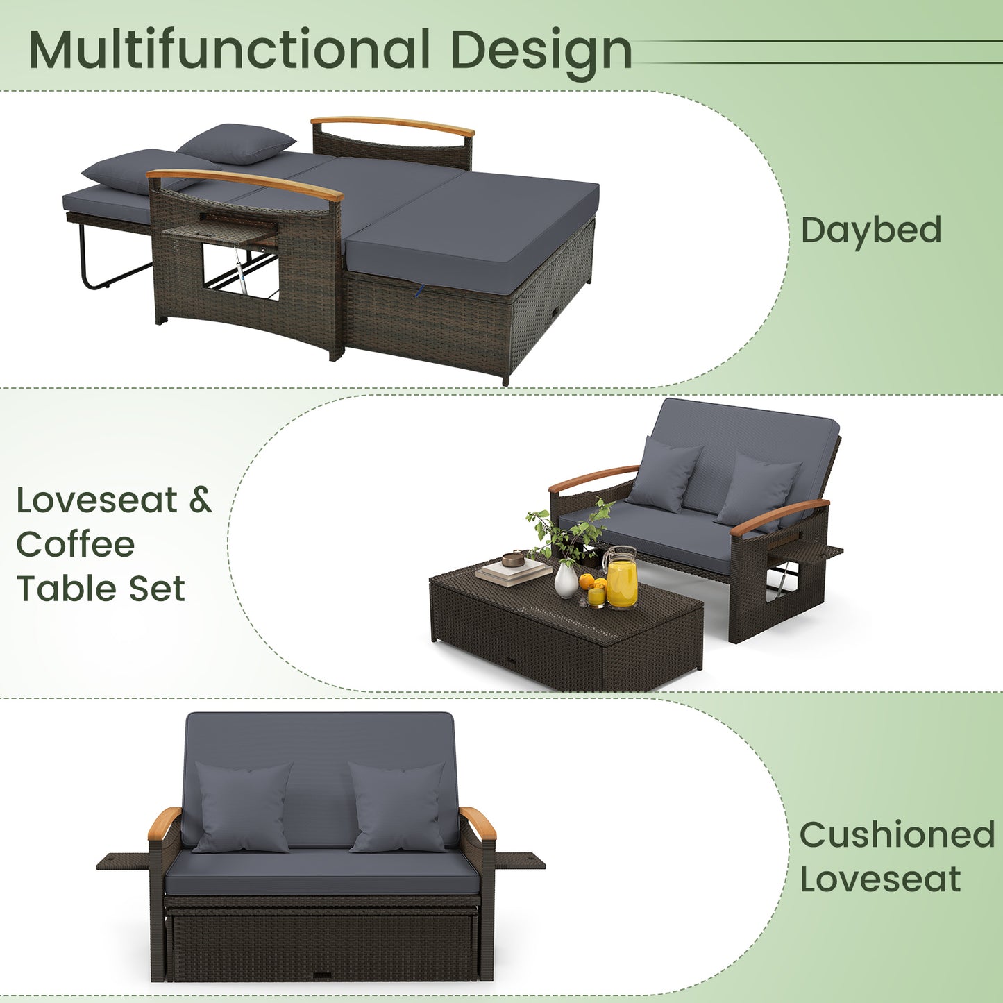 Outdoor Wicker Daybed with Adjustable Backrest and Ottoman