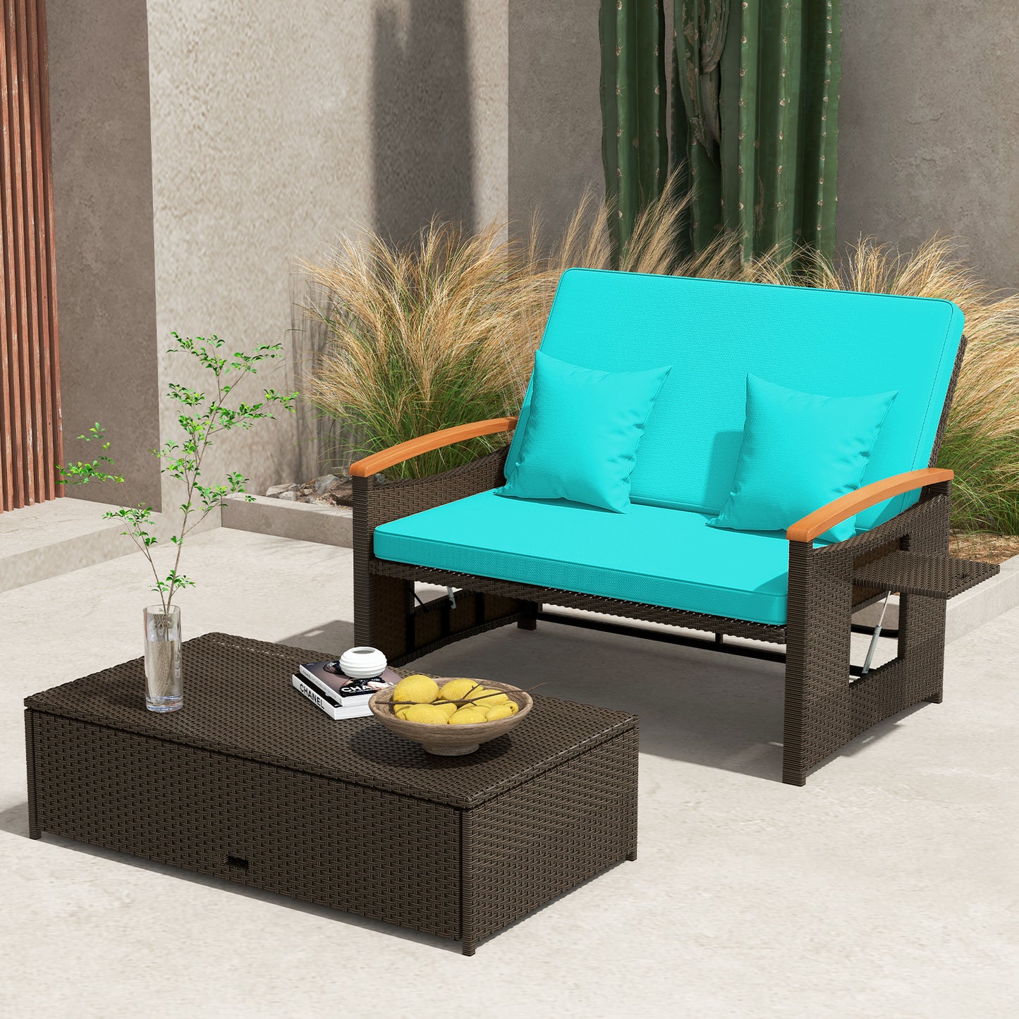 Outdoor Wicker Daybed with Adjustable Backrest and Ottoman