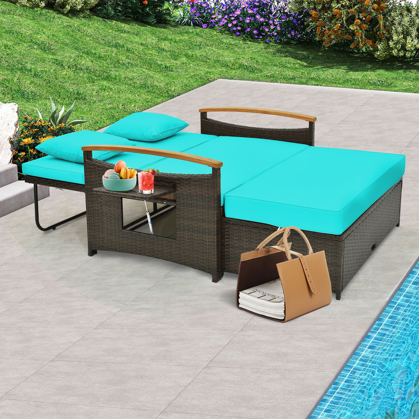 Outdoor Wicker Daybed with Adjustable Backrest and Ottoman
