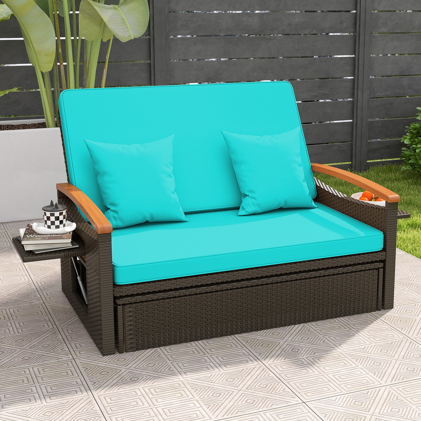 Outdoor Wicker Daybed with Adjustable Backrest and Ottoman