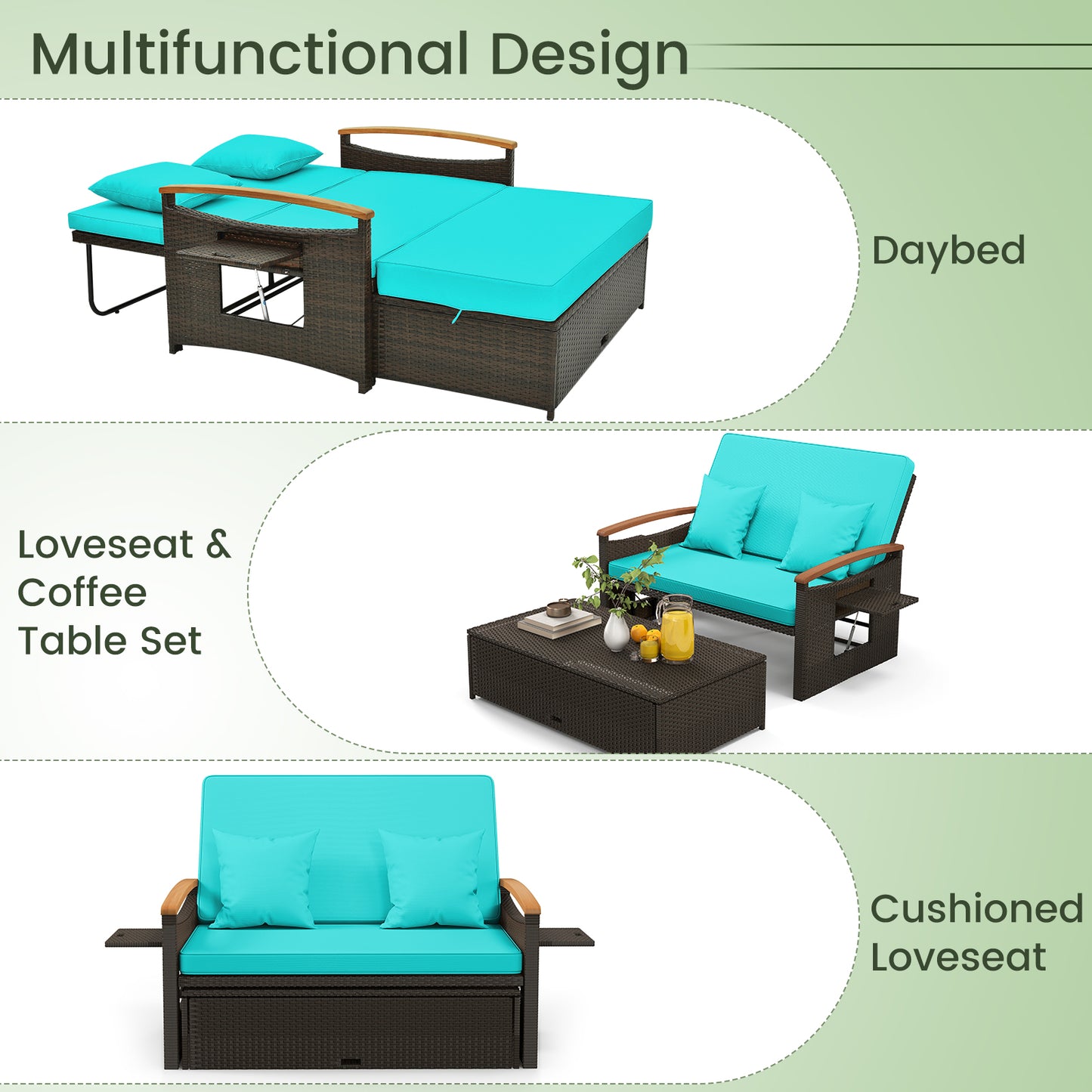 Outdoor Wicker Daybed with Adjustable Backrest and Ottoman