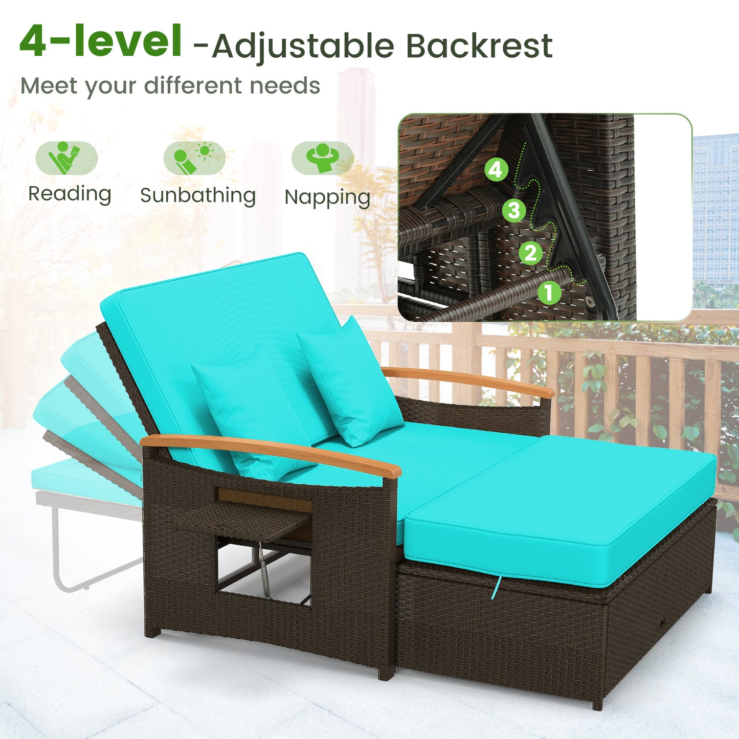 Outdoor Wicker Daybed with Adjustable Backrest and Ottoman