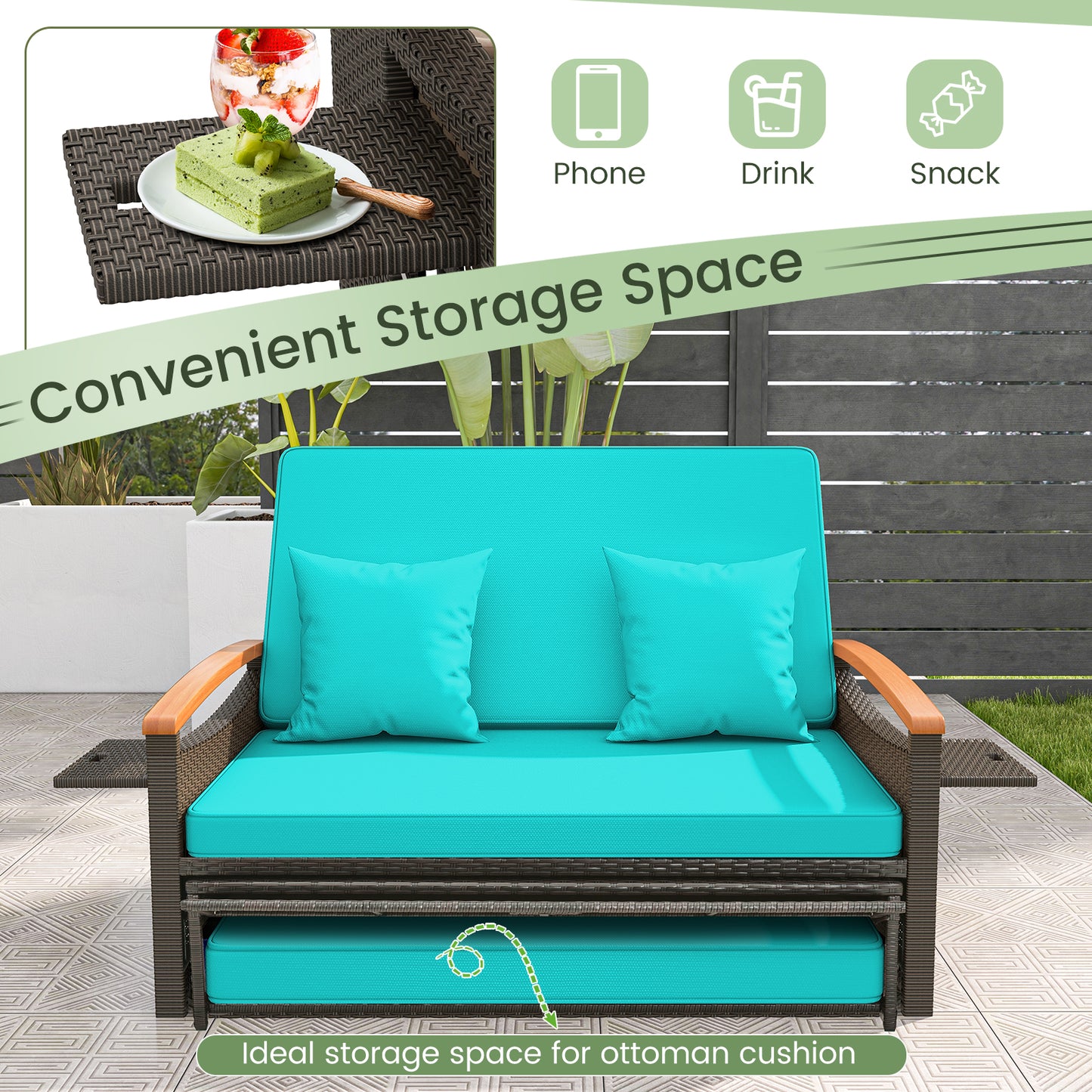 Outdoor Wicker Daybed with Adjustable Backrest and Ottoman
